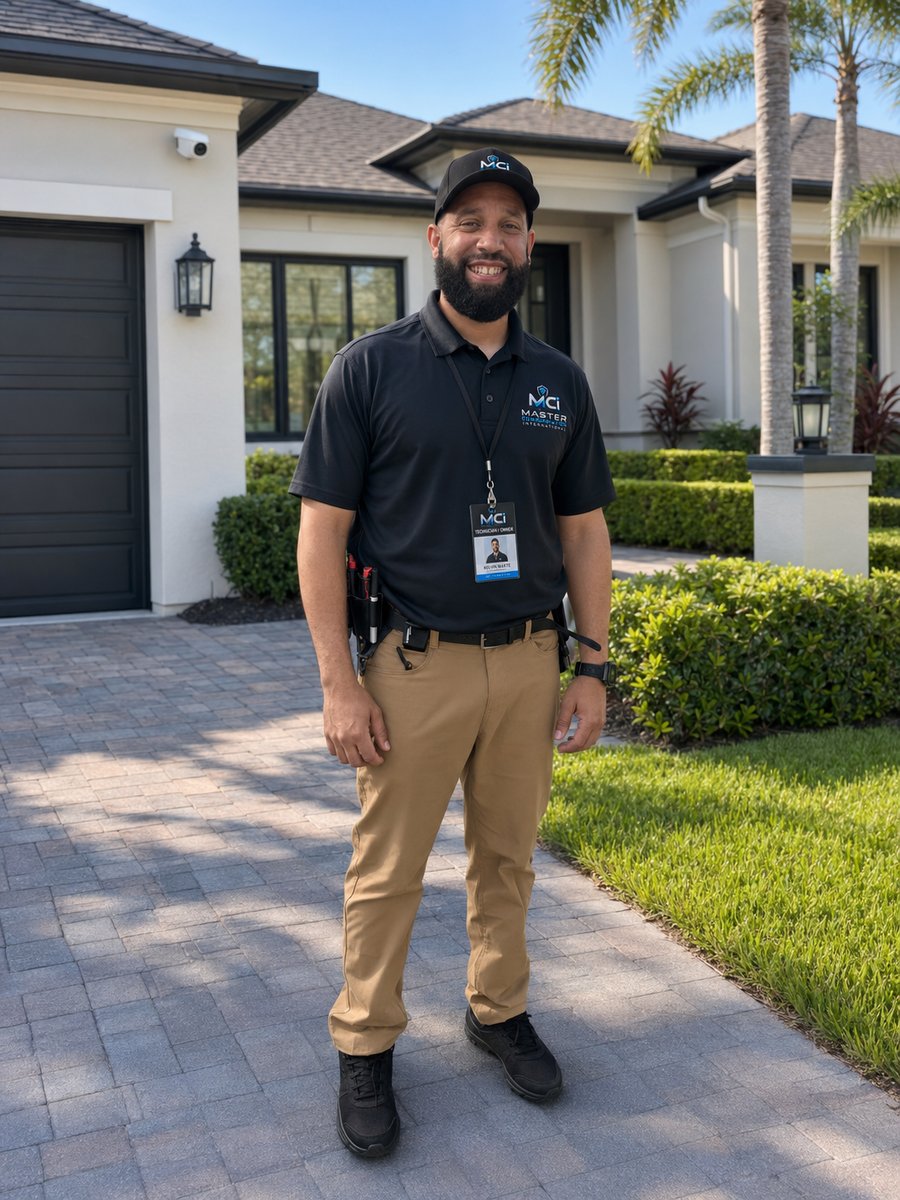 Kelvin Marte, owner of Master Communication International, in company uniform in front of a Central Florida home